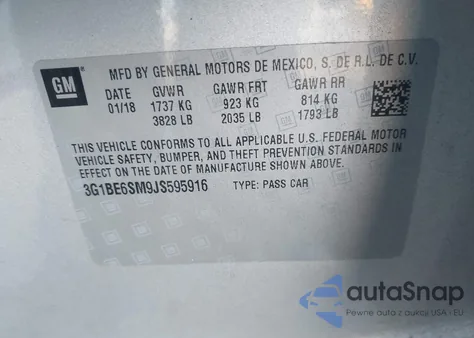 2018 Chevrolet Cruze Lt Auto из США, поврежденный, VIN 3G1BE6SM9JS595916